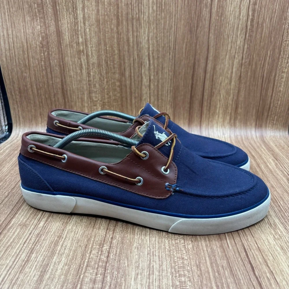 Polo Ralph Lauren Rylander Boat Shoe Navy Brown Men Size 13 D Canvas Leather